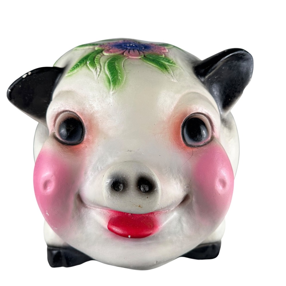 Vintage Large Ceramic Piggy Bank White Pink Floral Hand Painted MCM Kitsch XXL